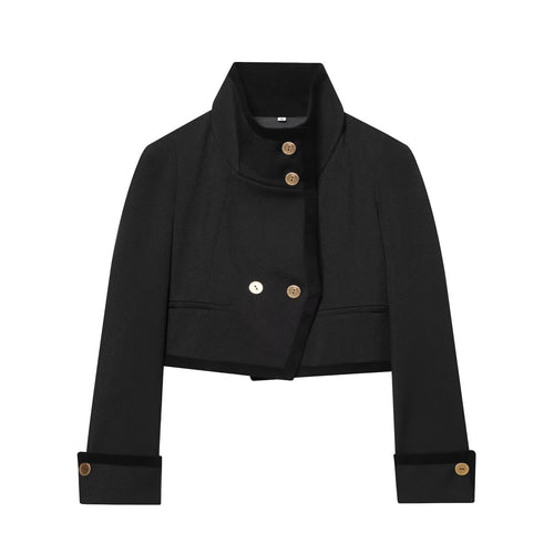 Damen Kurze Cropped-Boxy-Jacke mit hohem Stehkragen und dekorativen Metallknöpfen Drune