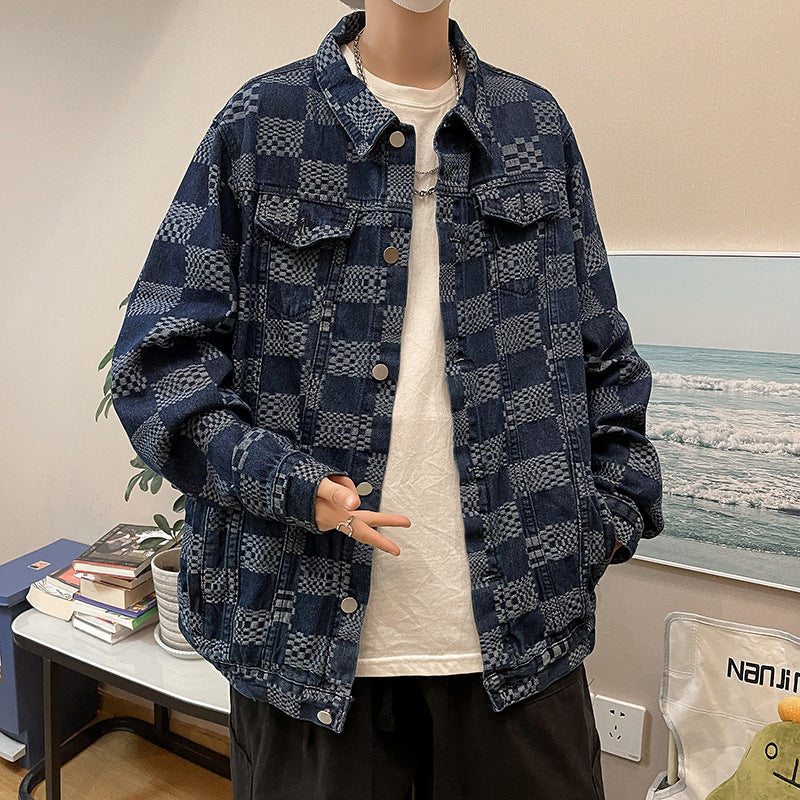Herren Modische Denimjacke mit Karomuster Drune