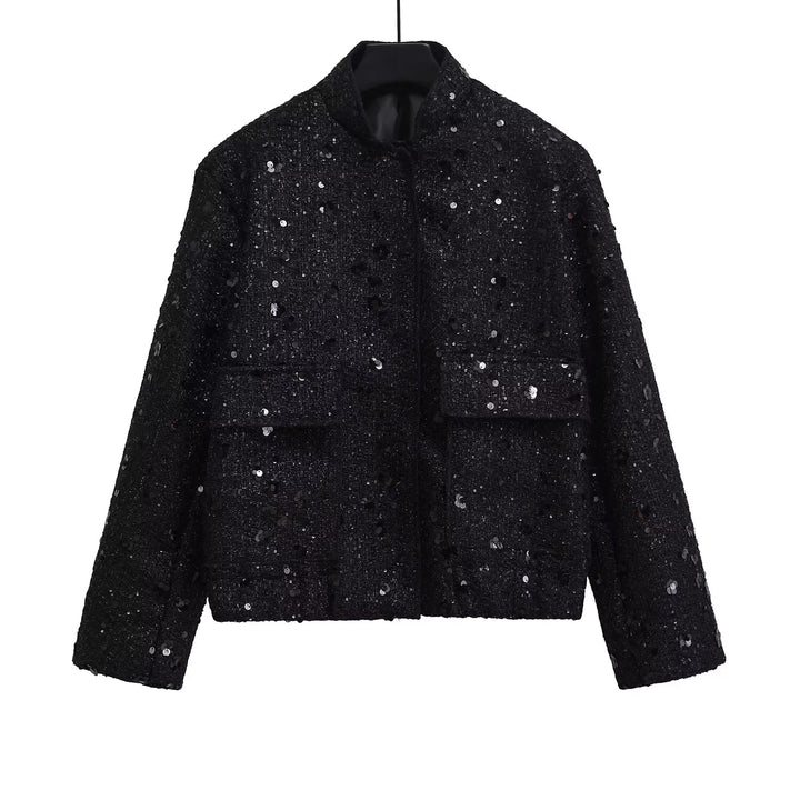 Damen 400+ Bouclé Kurzjacke mit Stehkragen, Pattentaschen und taillierendem Saum Drune