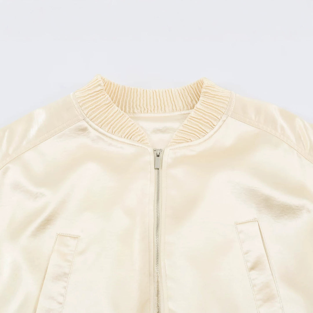 Damen Seidiger Cropped Bomber mit gerafftem Saum, Raglanärmeln und Eingrifftaschen Drune