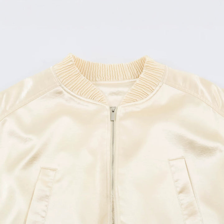 Damen Seidiger Cropped Bomber mit gerafftem Saum, Raglanärmeln und Eingrifftaschen Drune