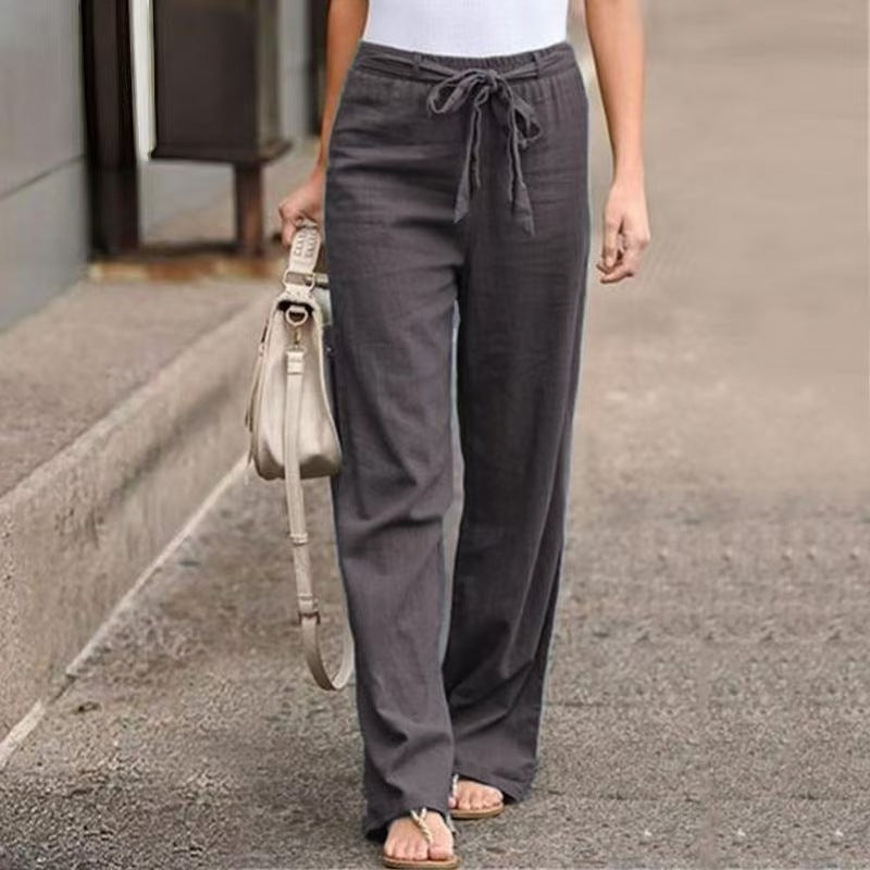 Damen Weite Lounge-Hose mit hohem Gummibund und dekorativem Bindeband Drune