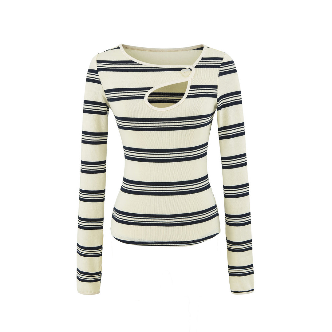 Damen Gestreiftes Feinstrick-Top mit asymmetrischem Herzknopf Drune