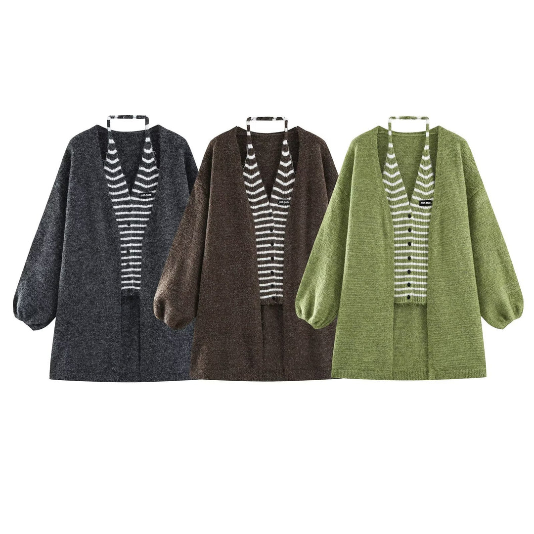 Damen Oversize Strickcardigan mit Ballonärmeln und gestreifter Einfass-Knopfleiste Drune