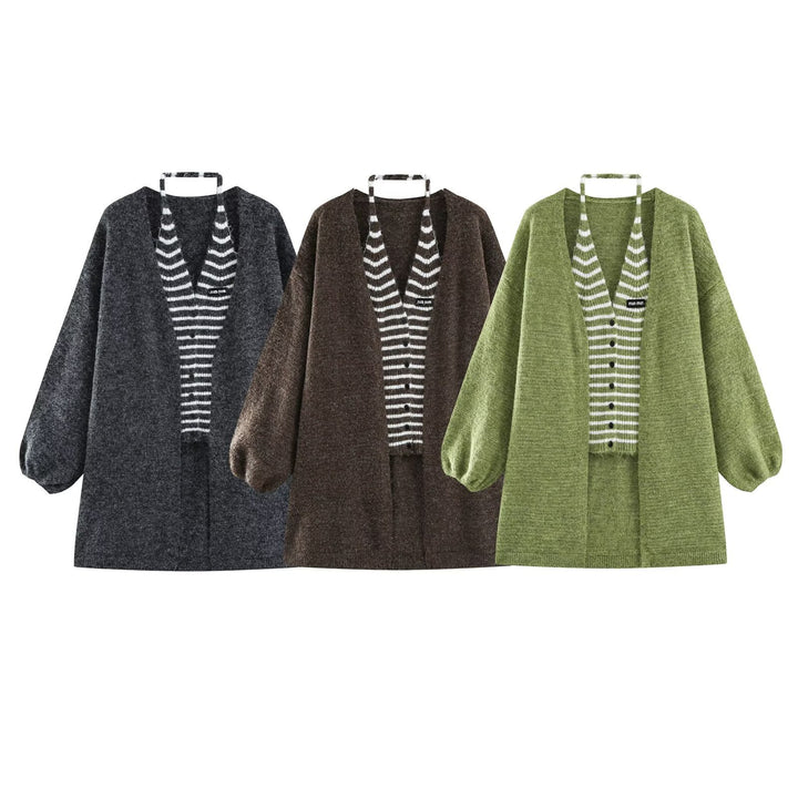 Damen Oversize Strickcardigan mit Ballonärmeln und gestreifter Einfass-Knopfleiste Drune