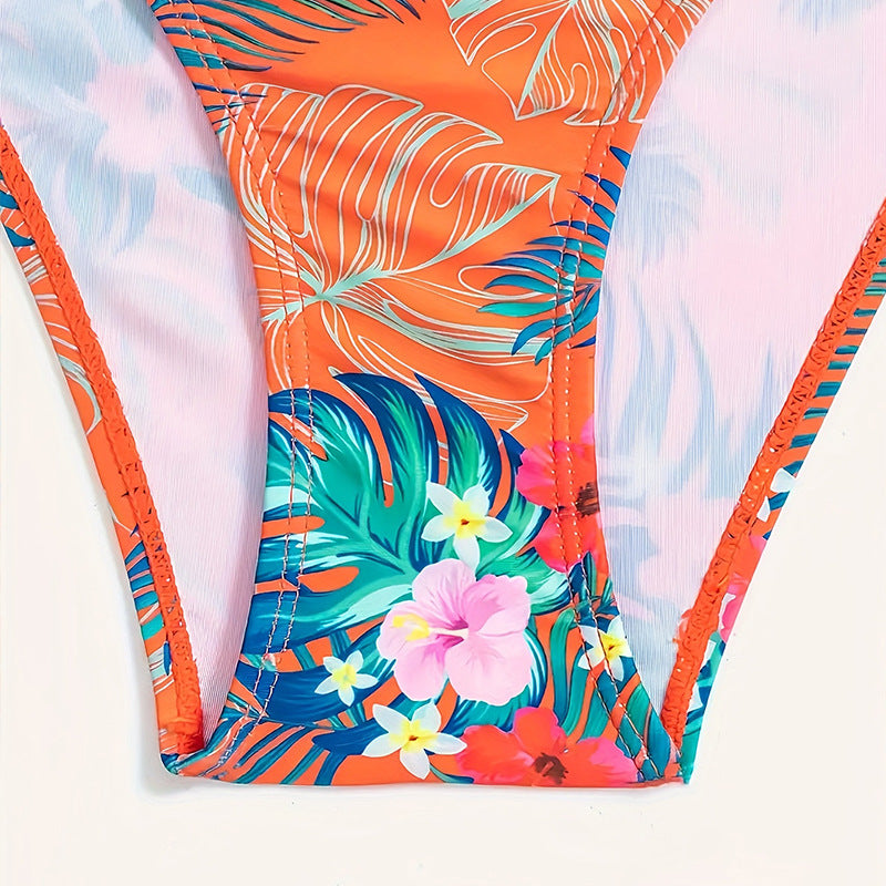 Damen Bandeau-Bikini mit tropischem Muster und elastischem Unterteil Drune