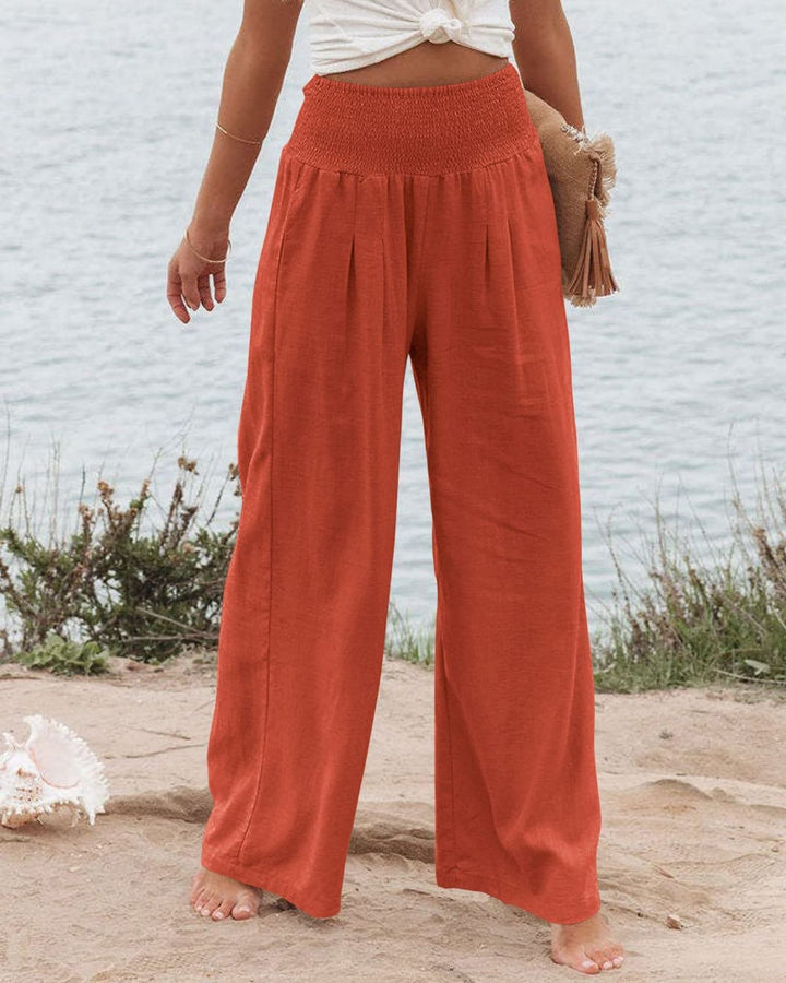 Damen Weite Leinenhose mit elastischem Bund und Falten Drune