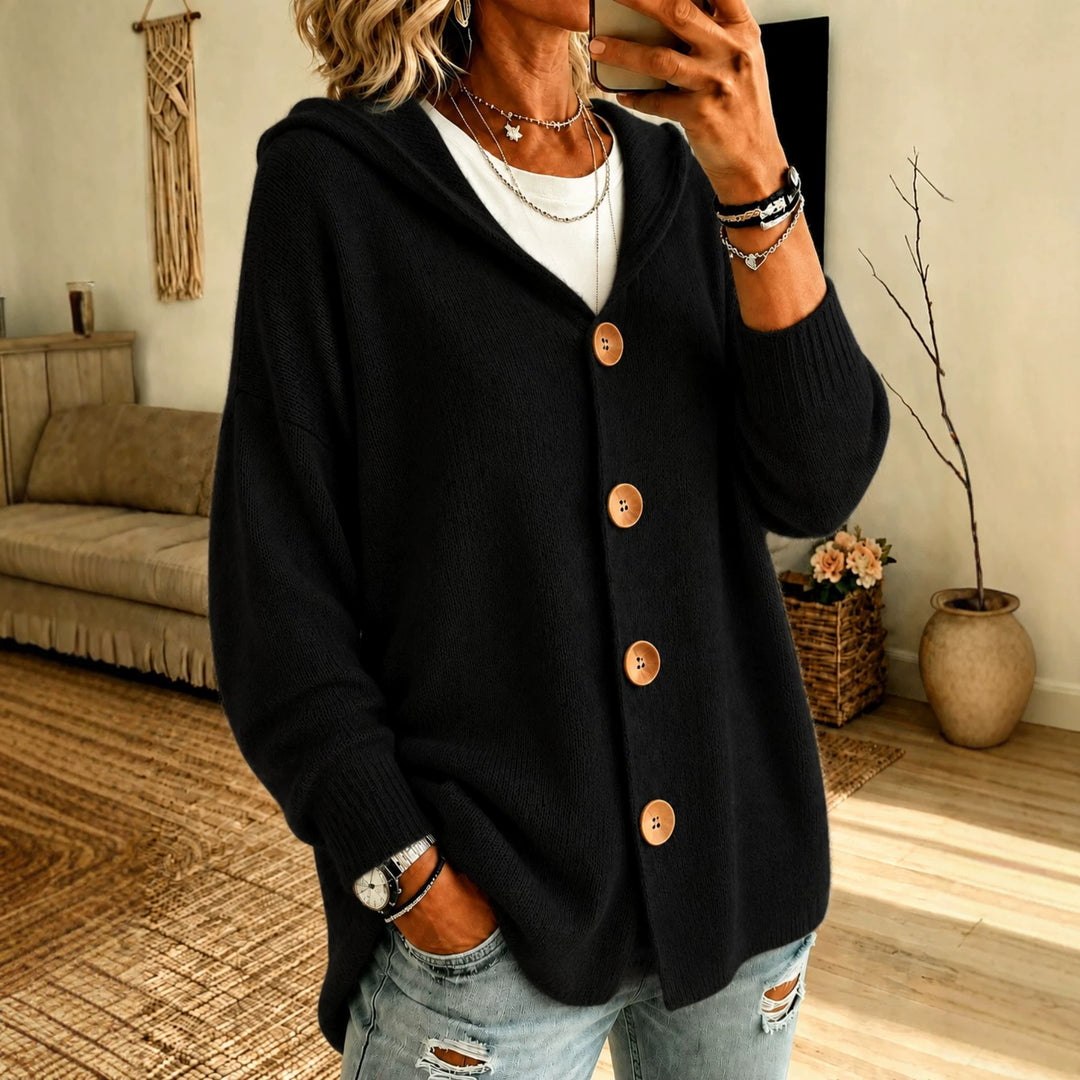 Damen Kapuzen-Cardigan Oversize mit Holzknöpfen und Rippbündchen Drune