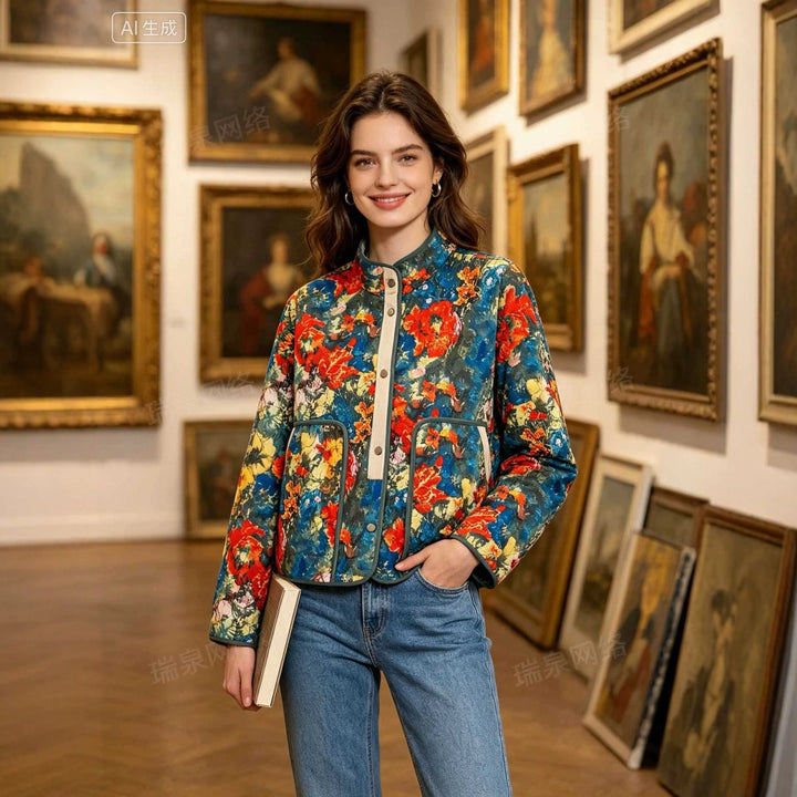 Damen Gepolsterte Steppjacke mit floralem Print, Stehkragen und Pattentaschen Drune