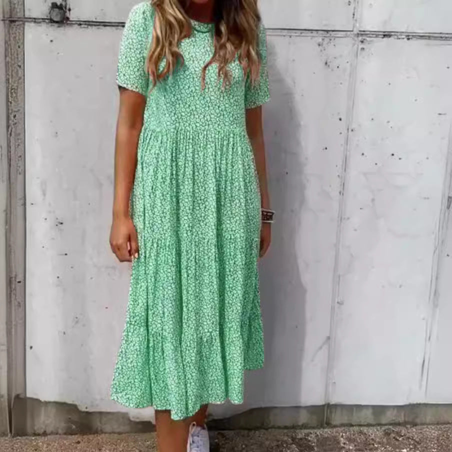 Damen nan leichtes Midikleid mit geraffter Taillenpartie, kurzen Ärmeln und mehrlagigem Stufenrock Drune