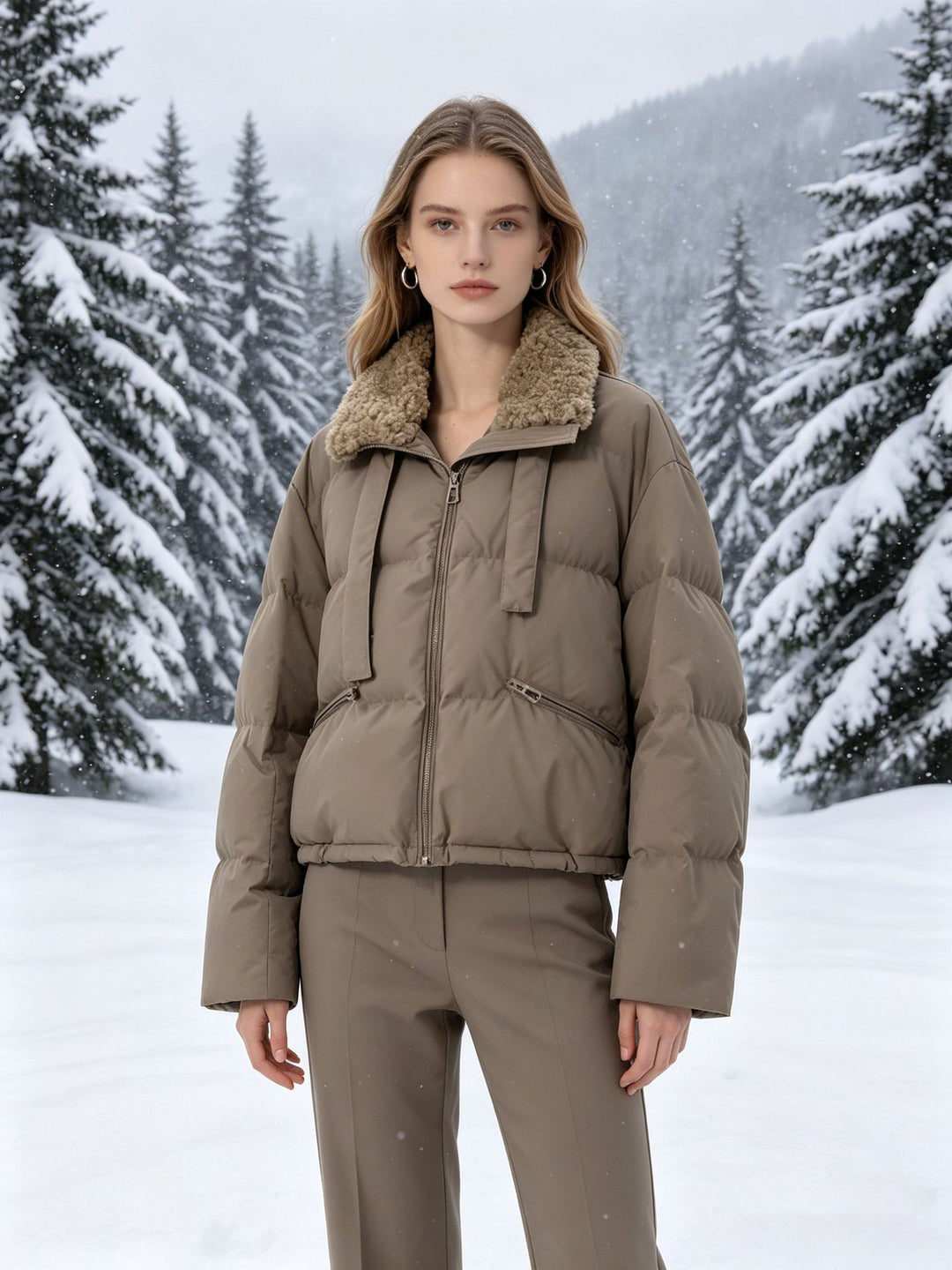 Damen nan cropped wattierte Jacke mit Sherpa-Kragen, hochschließendem Stehkragen und verdecktem Reißverschluss Drune