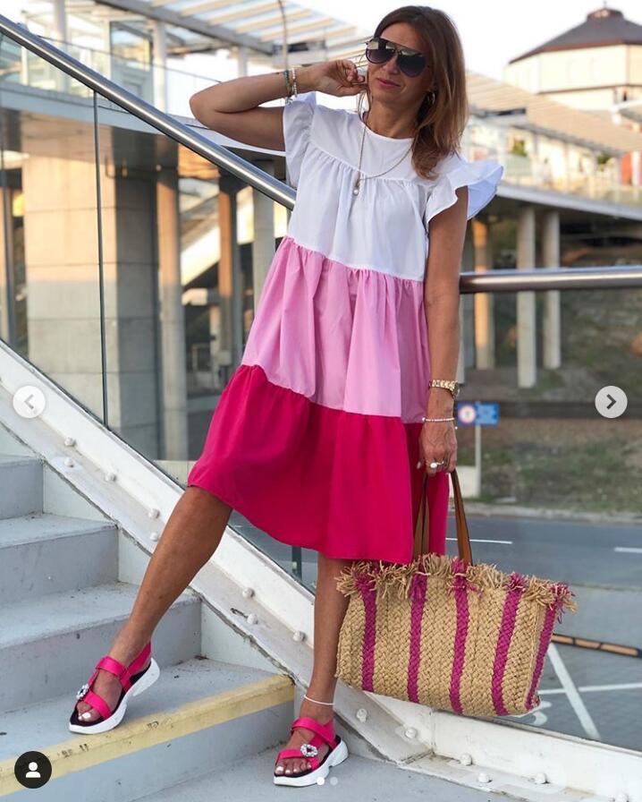 Damen Sommerkleid mit voluminösem Rock und Rüschenärmeln Drune