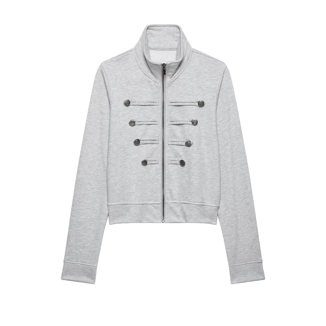 Damen Cropped-Sweatjacke mit Stehkragen und dekorativer Zierknopfleiste Drune