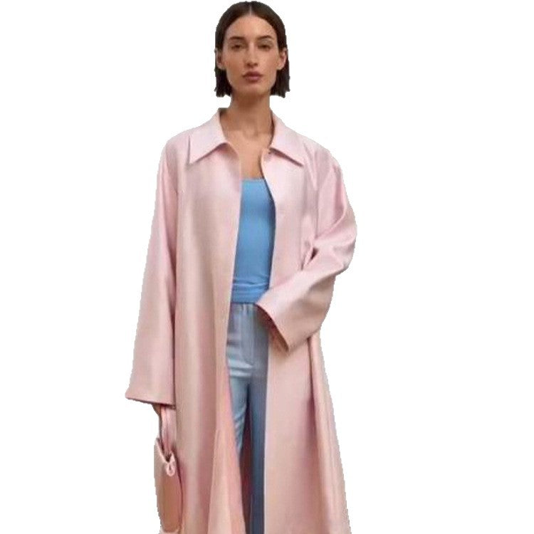 Damen leichter satinähnlicher Longmantel im Oversize-Schnitt mit weitem Revers Drune