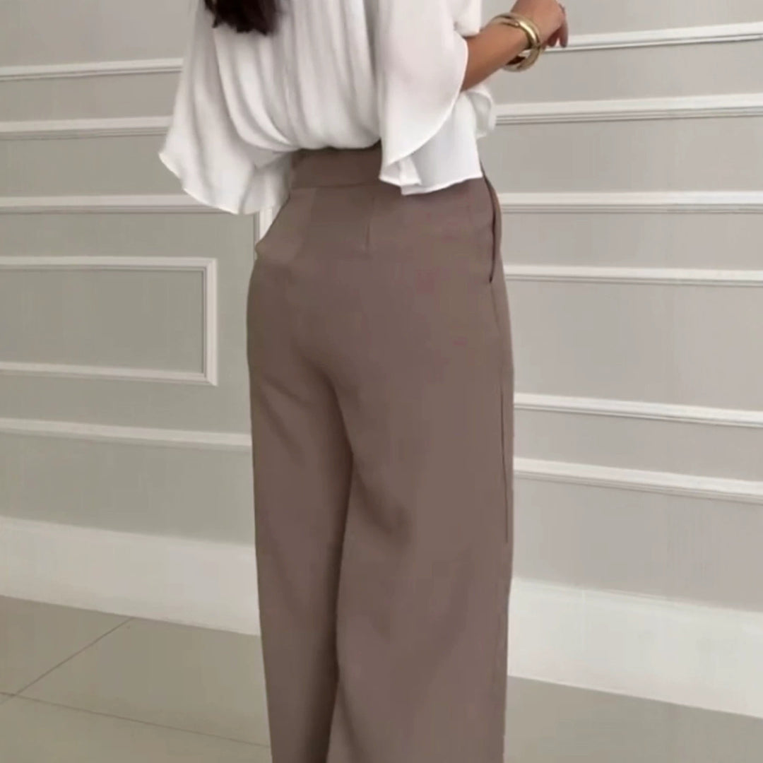 Damen Hochtaillierte Palazzo-Hose mit Bügelfalte, geradem Bein und Eingrifftaschen Drune