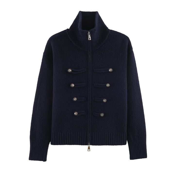 Damen Strickjacke mit Reißverschluss, hohem Stehkragen und dekorativen Zierknopfleisten Drune