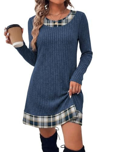 Damen Gerippte Longshirt‑Kleid mit Karierter Saum‑ und Ausschnittblende Drune