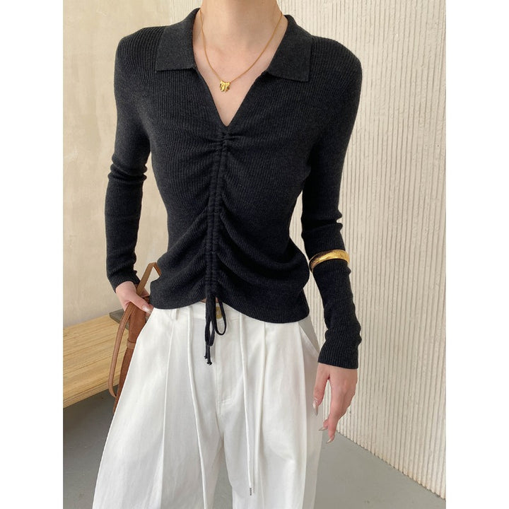 Damen figurbetontes Rippenshirt mit Schnürdetails Drune