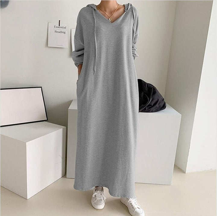 Damen nan lässiges Kapuzen-Maxikleid mit V-Ausschnitt, langen Ärmeln, lockerem geradem Schnitt und elastischen Bündchen Drune