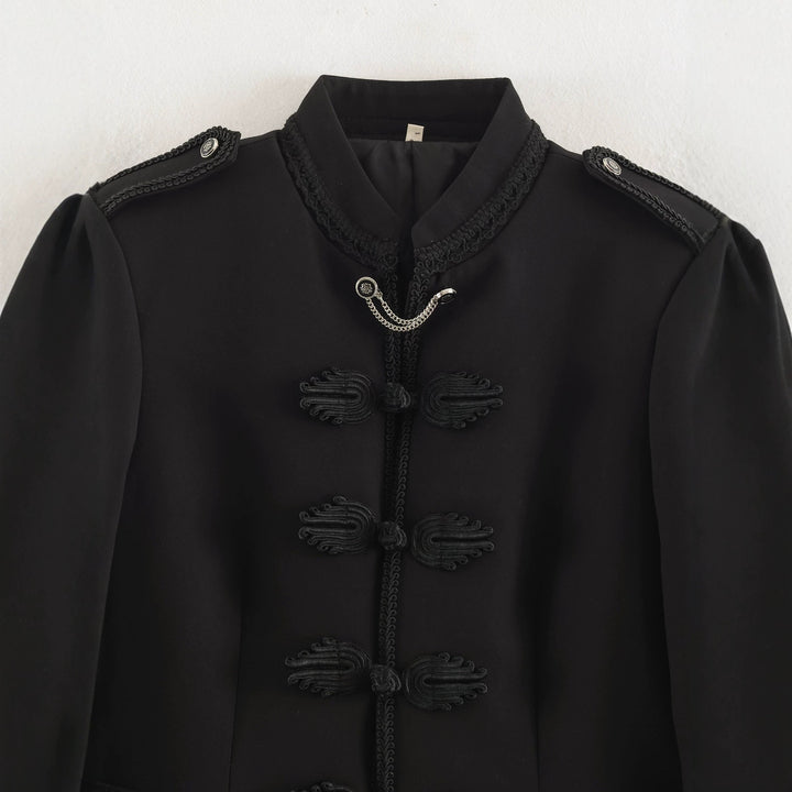 Damen Kurzblouson im Militärstil mit Mandarinkragen, Zierknoten und Epauletten Drune