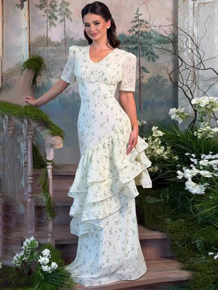 Damen Maxikleid im Vintage‑Romantik‑Stil mit asymmetrischen Volants und Puffärmeln Drune