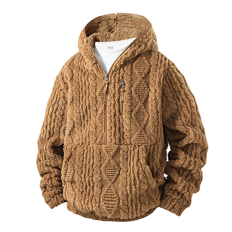 Herren Teddy-Fleece Halfzip-Kapuzenpullover mit Strukturstrick‑Optik, Brustreißverschluss und Kängurutasche Drune