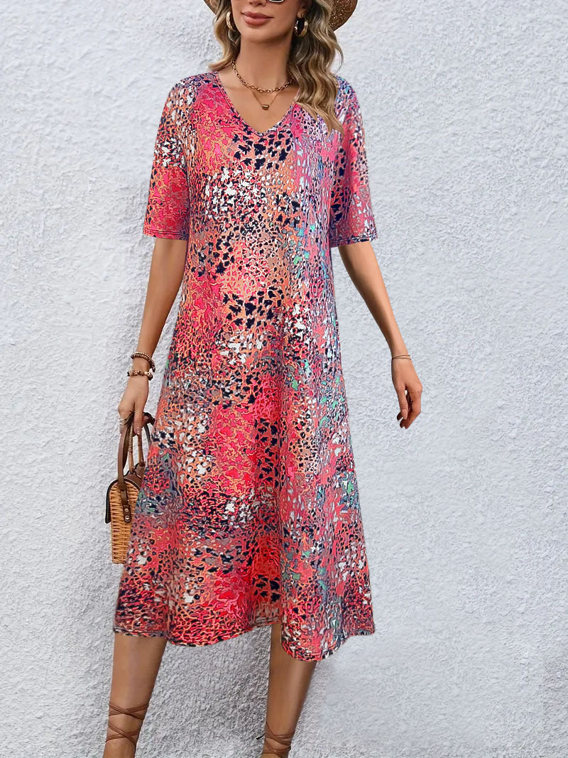 Damen V-Ausschnitt Midi-Kleid im lässigen Animal-Print Stil Drune