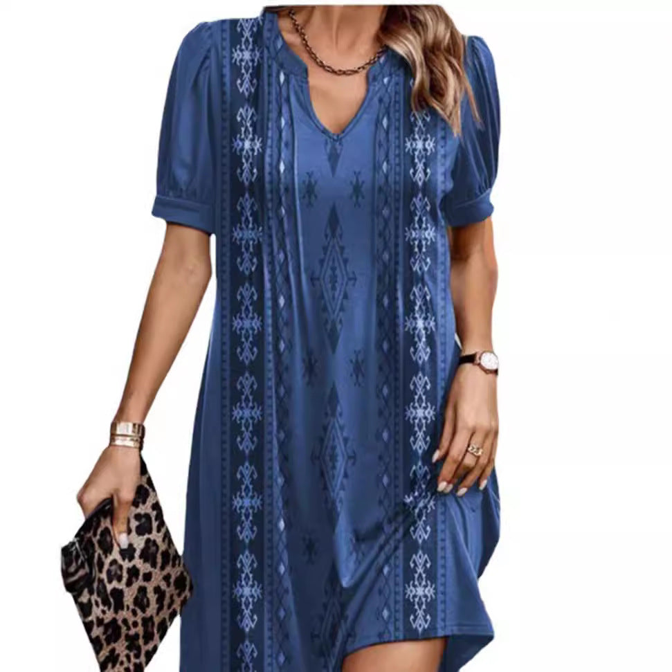 Damen nan locker geschnittenes A-Linien-Kurzkleid mit V-Ausschnitt, Volumenärmeln und vertikalem Ethno-Print Drune