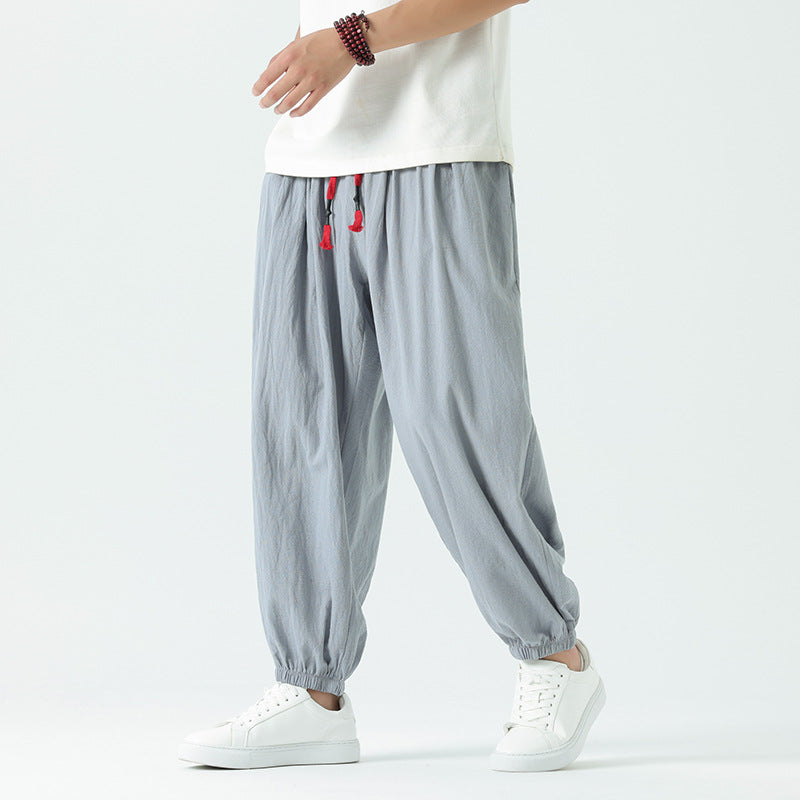 Herren nan locker geschnittene Leinen-Baumwoll Hose mit Kordelzug und elastischen Bündchen Drune