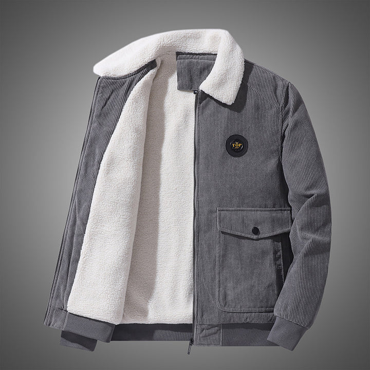 Herren nan gefütterte Cordjacke mit Sherpa-Innenfutter, Reißverschluss und aufgesetzten Klappentaschen Drune