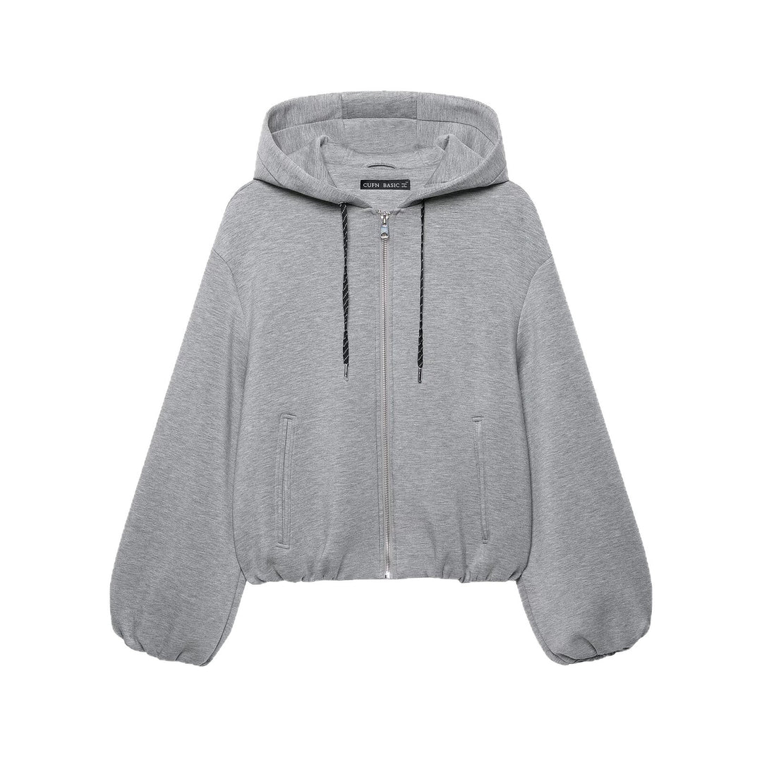Damen Cropped Kapuzen-Sweatjacke mit Ballonärmeln und Tunnelzug Drune