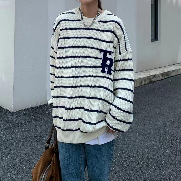 Damen lässiger Oversized-Pullover mit gebrochenen Streifen und Brusttasche Drune