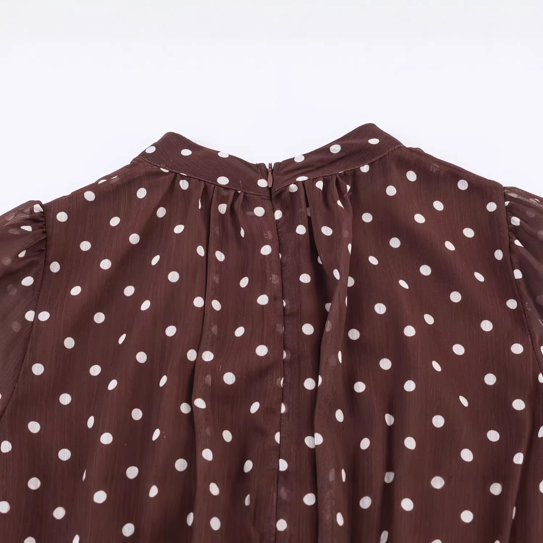 Damen Gepunktete Chiffonbluse mit Schluppe und Kunstfellbesatz Drune