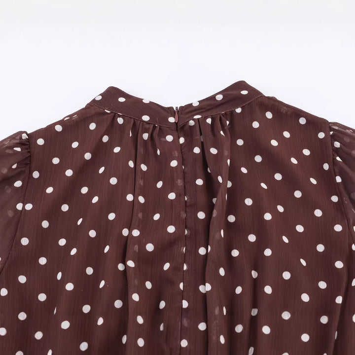 Damen Gepunktete Chiffonbluse mit Schluppe und Kunstfellbesatz Drune