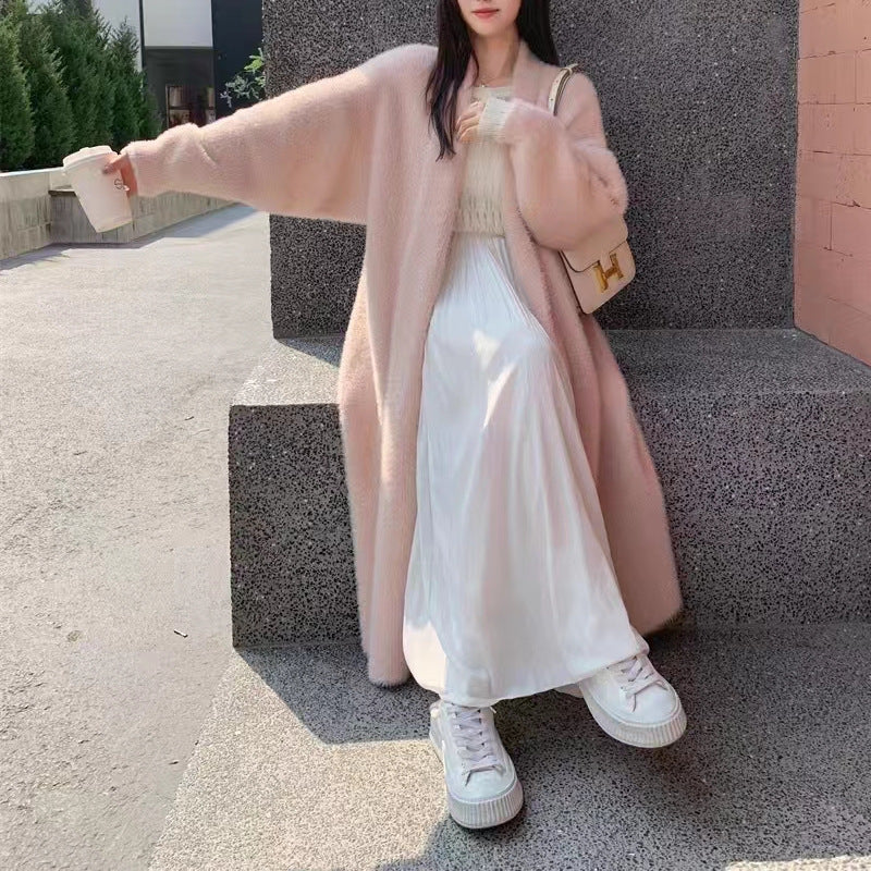 Damen Flauschiger Maxi Cardigan mit tiefem V-Ausschnitt und oversized Silhouette Drune