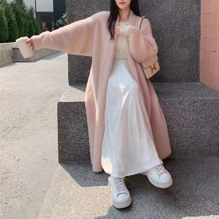 Damen Flauschiger Maxi Cardigan mit tiefem V-Ausschnitt und oversized Silhouette Drune