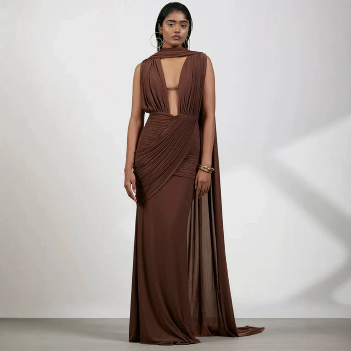 Damen bodenlanges Wickelkleid mit raffinierten Drapierungsdetails und elegantem V-Ausschnitt Drune