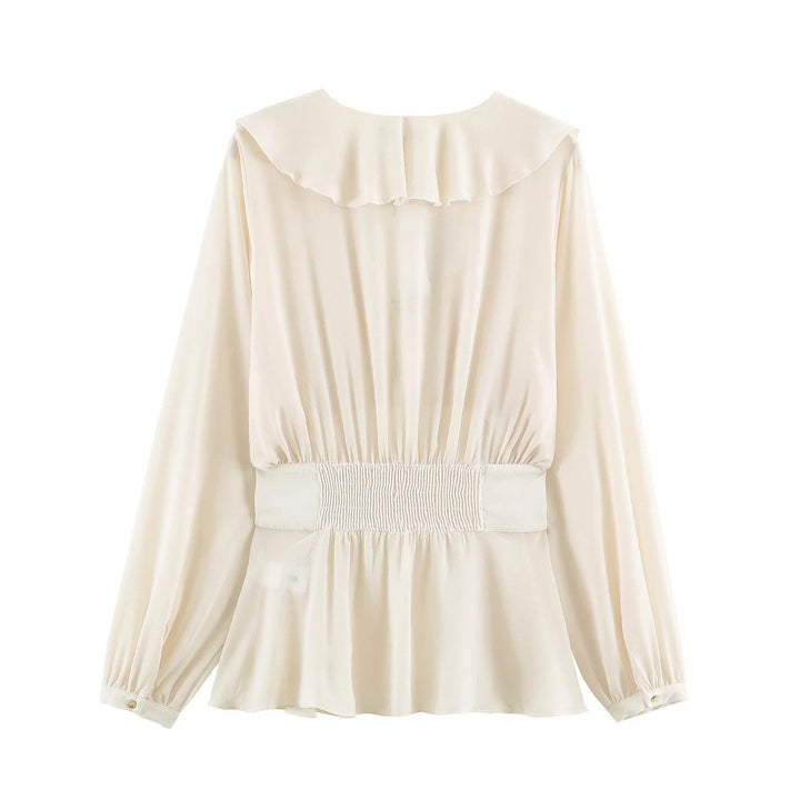 Damen Filigrane V‑Neck‑Bluse mit Volantkragen, taillierter Bundpasse und Ballonärmeln Drune