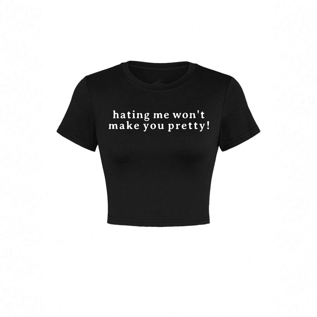 Damen Kurzarm Crop-T-Shirt mit witzigem Schriftzug Drune