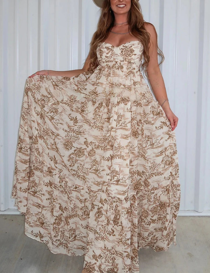 Damen nan trägerloses Korsagen-Maxikleid mit Herzausschnitt, gestuftem Volantrock und nostalgischem Toilemotiv Drune