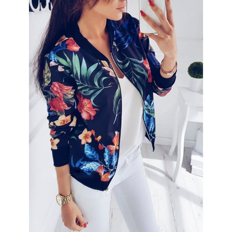 Damen Leichte Bomberjacke mit floralem Allover‑Print, Reißverschluss und Rippbündchen Drune
