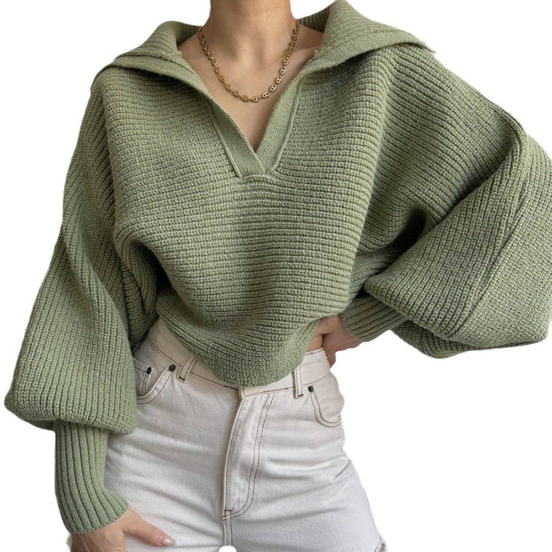 Damen kurzes geripptes Strickpullover mit weitem Matrosenkragen und Ballonärmeln Drune