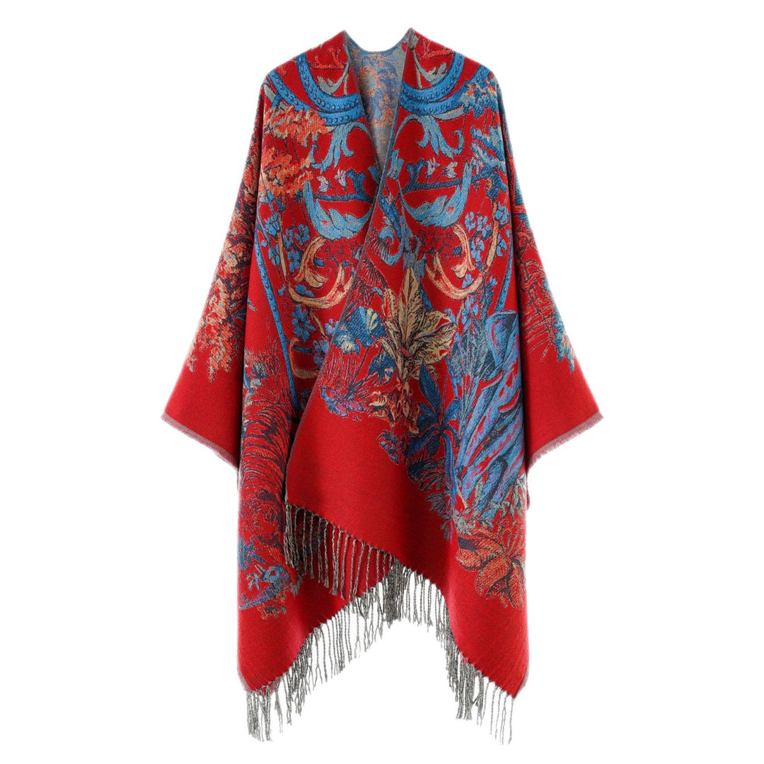 Damen Gefütterter Jacquard-Capeponcho mit floralem Barockmuster und Fransen Drune