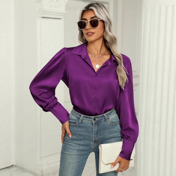 Damen Seidenoptik-Bluse mit Hemdkragen, verdeckter Knopfleiste und langen Manschetten Drune