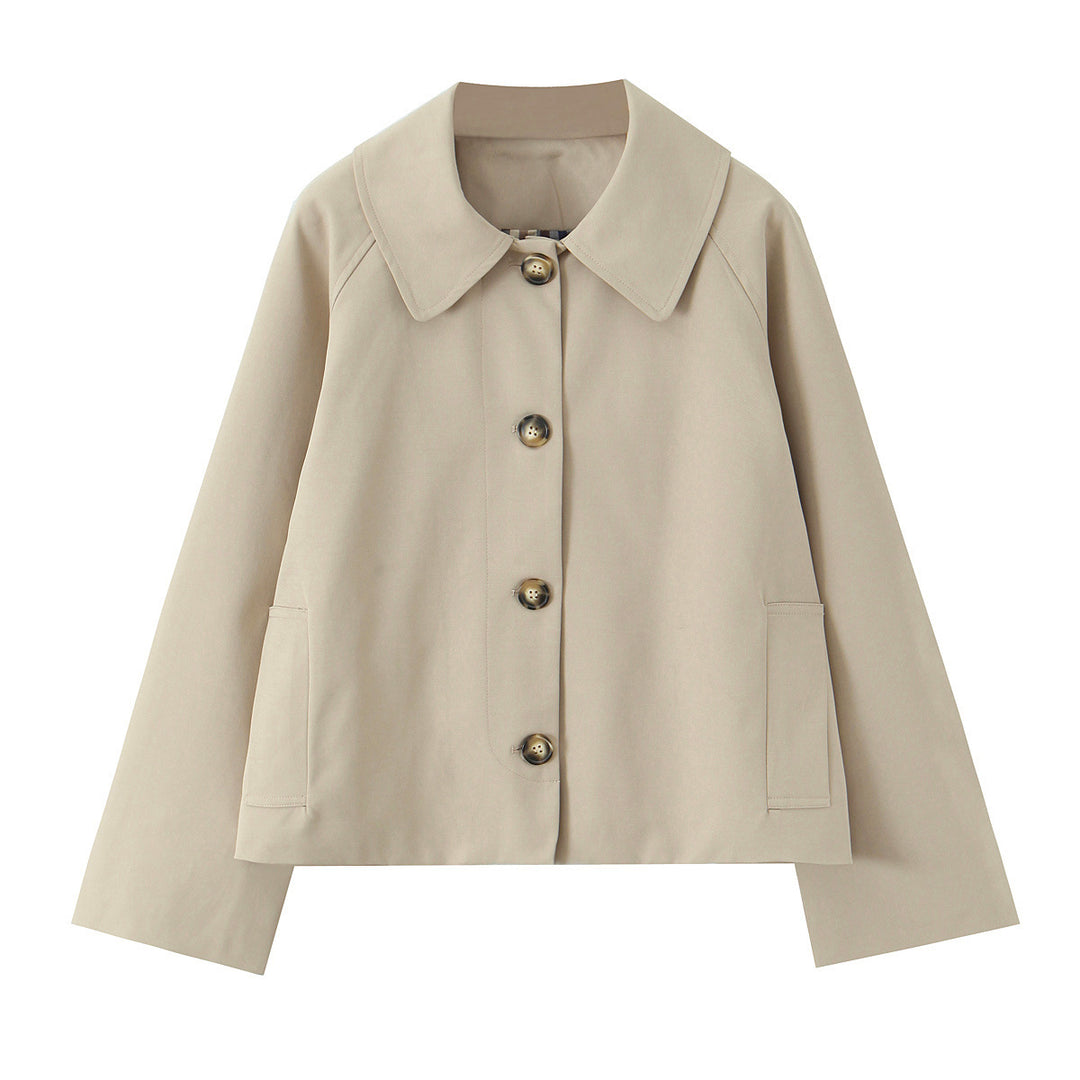 Damen Kurz geschnittene Boxy-Jacke mit weitem Hemdkragen und durchgehender Knopfleiste Drune