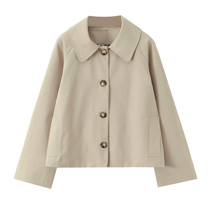 Damen Kurz geschnittene Boxy-Jacke mit weitem Hemdkragen und durchgehender Knopfleiste Drune