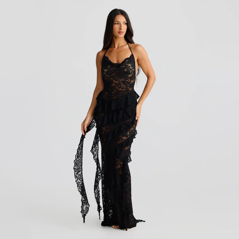 Damen verführerisches Spitzenkleid mit asymmetrischem Saum und Rüschendetails Drune