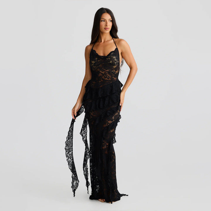 Damen verführerisches Spitzenkleid mit asymmetrischem Saum und Rüschendetails Drune