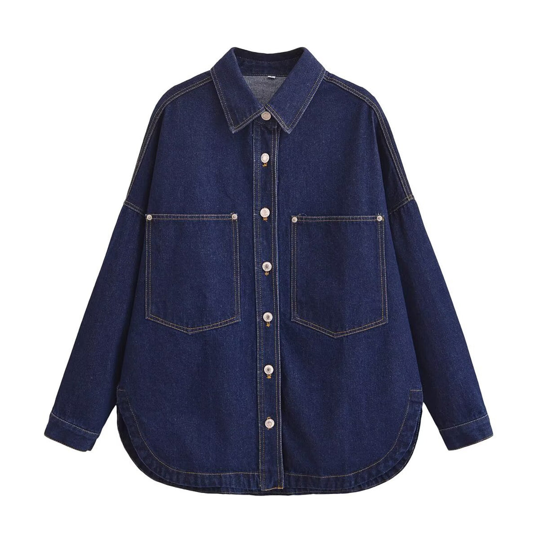 Damen Oversize Jeanshemd‑Jacke mit aufgesetzten Taschen und abgerundetem Saum Drune