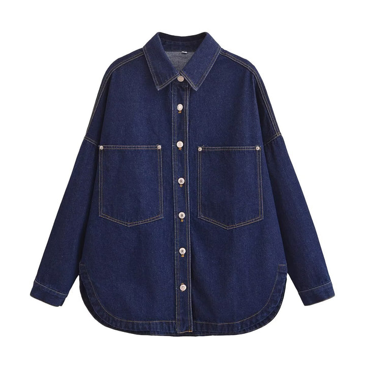 Damen Oversize Jeanshemd‑Jacke mit aufgesetzten Taschen und abgerundetem Saum Drune